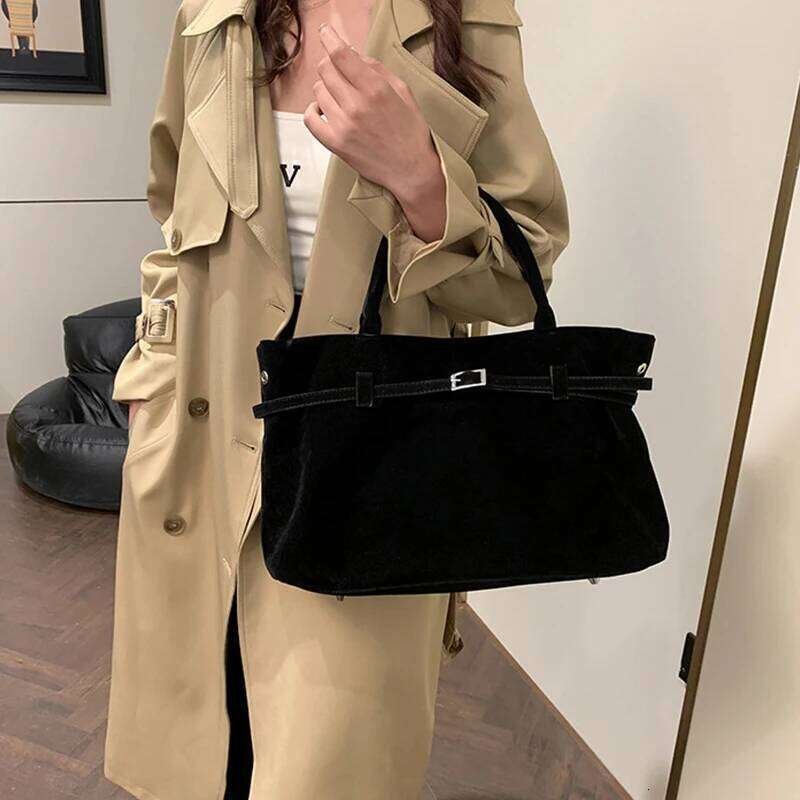 Trendy Autumn Brown Tote Women's Retro Suede Large Capacity Shoulder Belt Buckle Design Ladies Underarm Commuter Bag