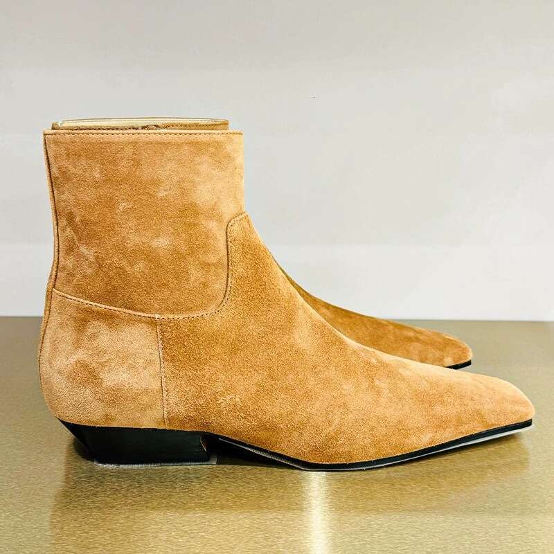 Korean Style Melard Side Zipper Suede Square Toe Slim Short Autumn Winter Fleece Lined Low Heel Martin Women Boots