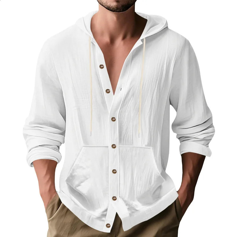 Cross-border Spring and Autumn American Loose Mens Loose Linen Casual Simple Beach Hooded Long Sleeve Shirt 250527