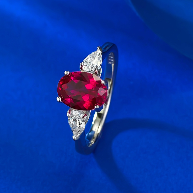 Mujing Jewelry Live New S925 Silver Simulated Blood Red 6*8mm Oval Red Corundum Fashion Versatile Ring