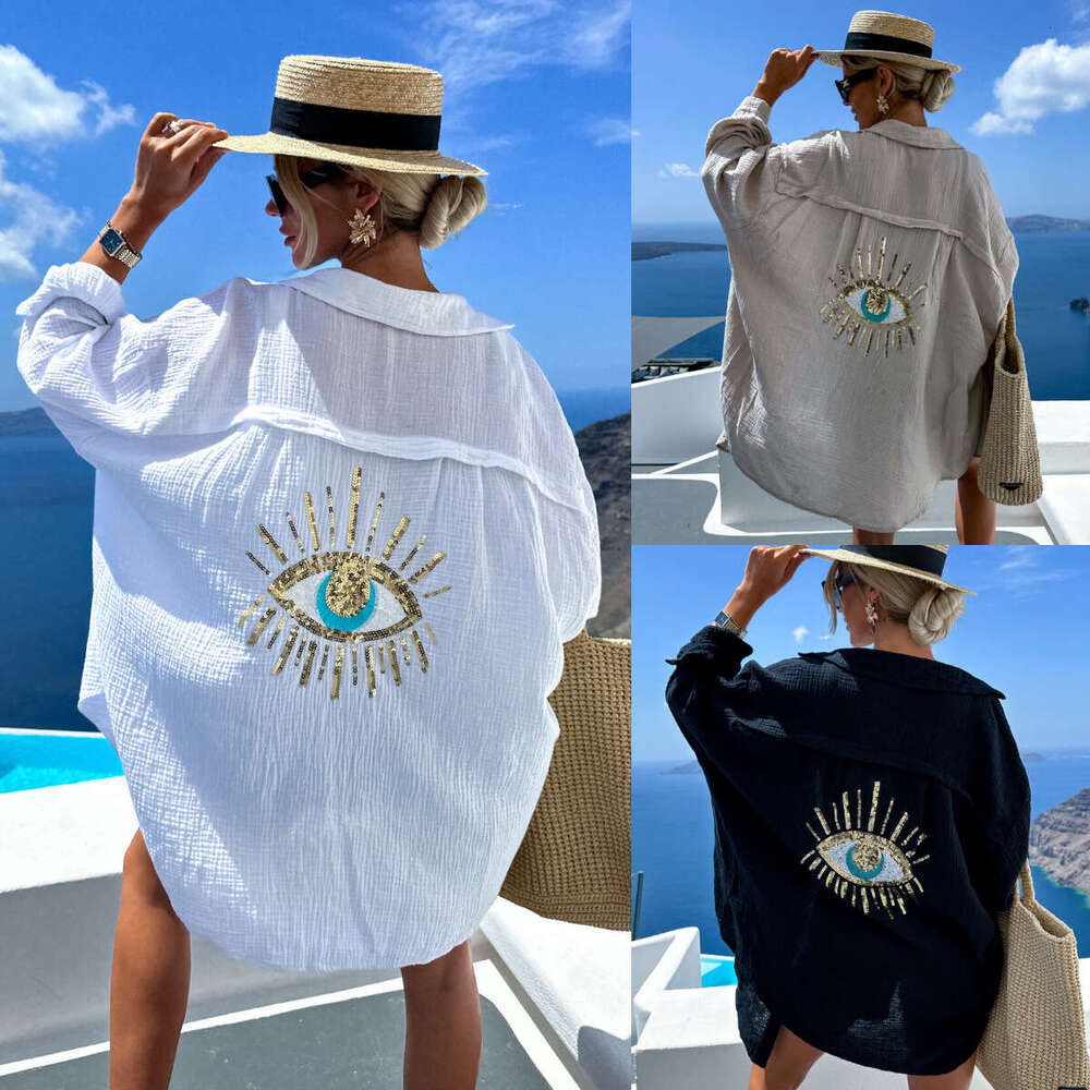 Spring Summer Women's Casual V-Neck Pocket Patchwork Sequin Loose Long Sleeve Blouse B5