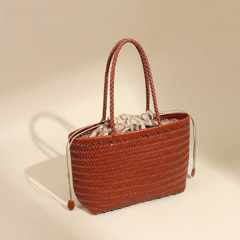 Cowhide Vegetable Basket Handbag Tote Women's Personality Handwoven Casual Vacation Style Shoulder Underarm Bag