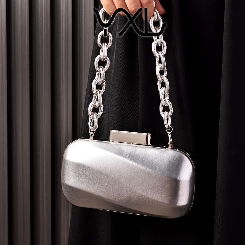 New Metallic Texture Silver Shiny Leather Party Chain Dress Bridal Evening Bag