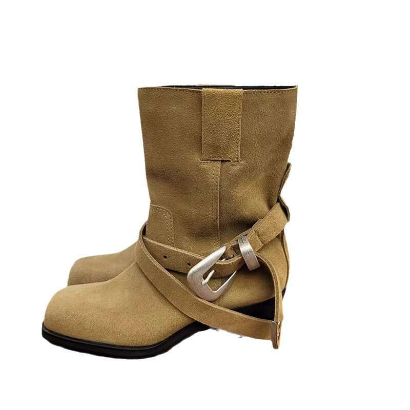 Korean Style Niche Cross Strap Suede Chunky Heel Square Toe Western Cowboy Belt Buckle Martin Short Mid-Calf Boots for Women
