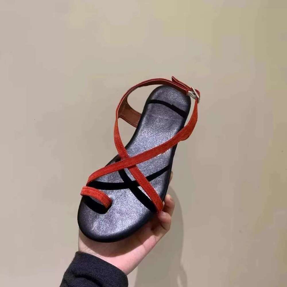 Cowhide Version ~ Korean INS Style Round Cross Strap Sandals for Women 2025 Summer Toe Clip Flat Roman Shoes