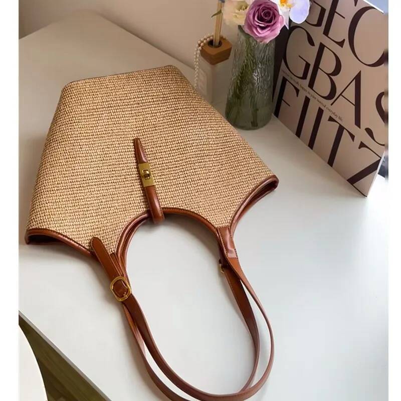 New Straw Bucket Women Shoulder Underarm Bohemian Large Capacity Beach Handbag Tote Bag With Adjustable Strap