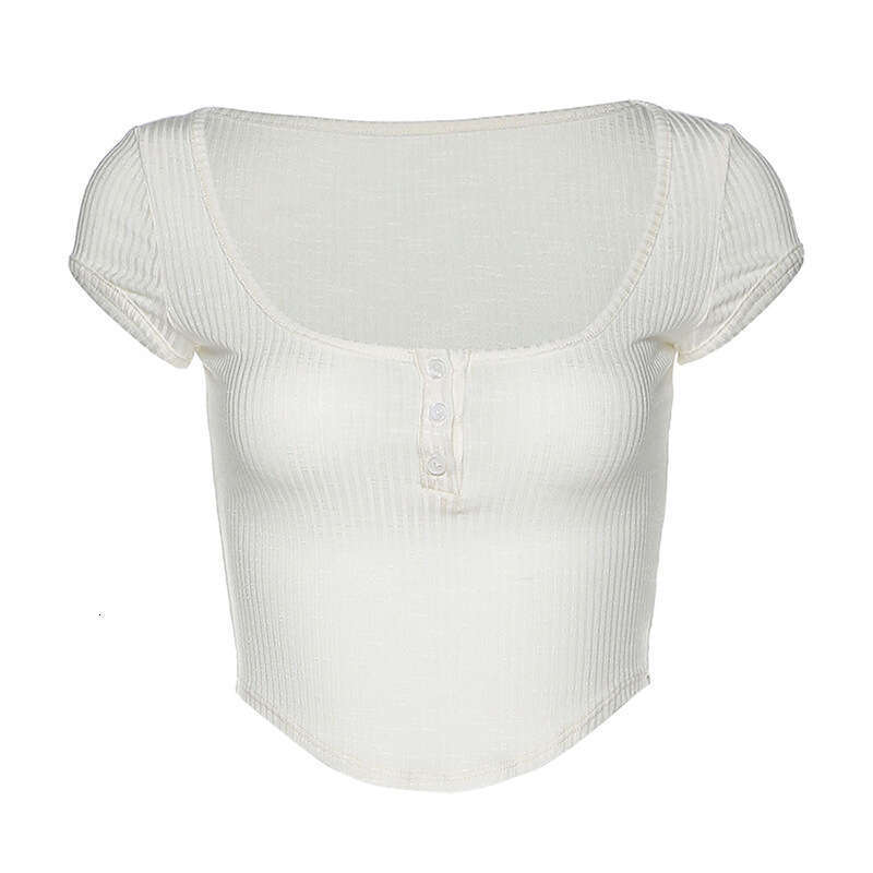 Fashion Summer New Short Sleeve U-Neck Single-Breasted Slim Fit Crop Top Solid Color T-Shirt For Women B5