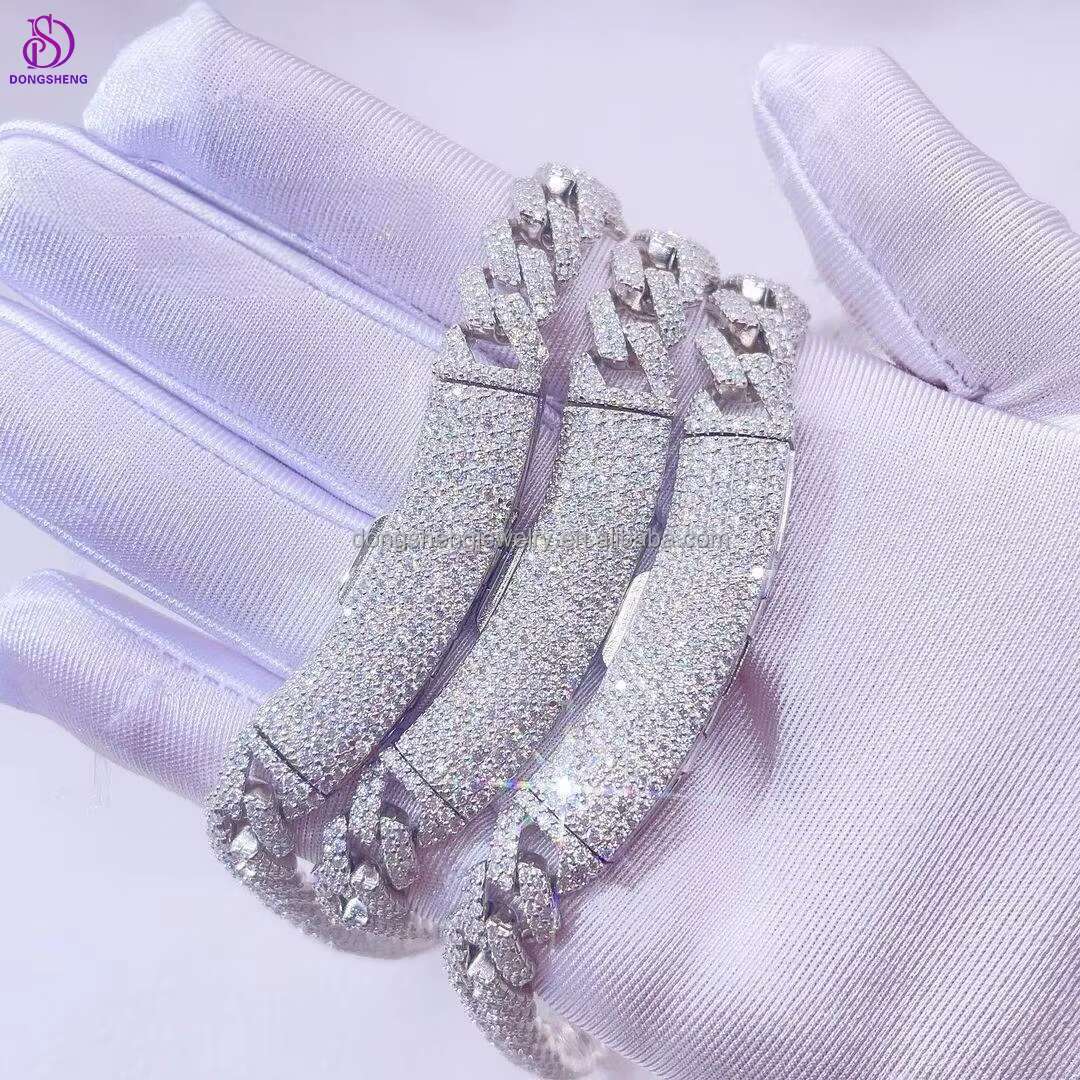 Hiphop Thickness Chain 925 Silver 10/12mm 2 Rows Vvs Moissanite Diamonds Pass Tester Sterling Silver Cuban Link Chain Moissanite