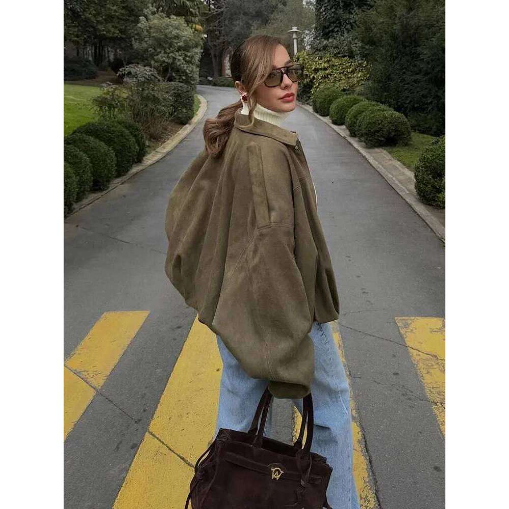 Fashion Women Green Suede Jacket 2025 New Spring Lapel Long Sleeve Zipper Oversize Bomber Coat Chic Female High Street Outerwear