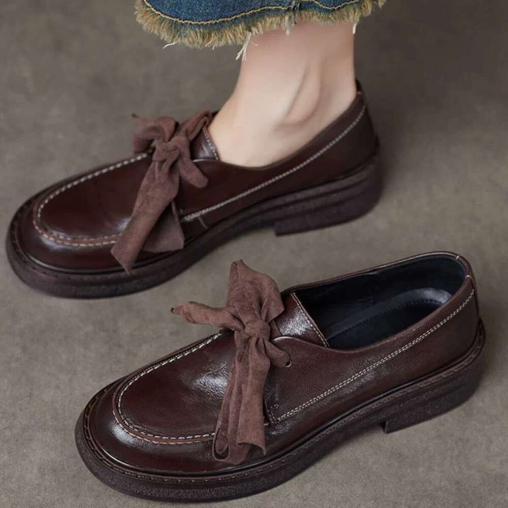 Genuine Bow Thick Sole Loafers for Women 2025 Spring New Versatile Round Toe Deep Mouth Small Leather Single Shoes