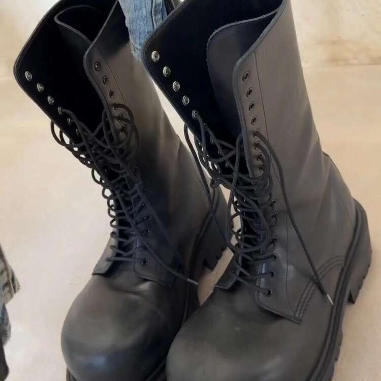 Genuine Leather Super Cool Chunky Martin for Women Round Toe Elevated Mid-Calf Unisex Heel Height Increasing Thick Sole Lace-Up Boots