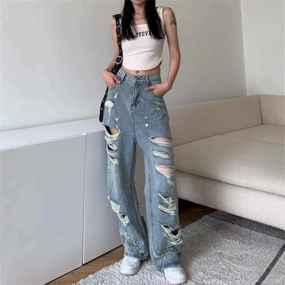 American High Street Washed Ripped Jeans for Men, Straight Loose Fit, Summer Plus Size Wide Leg Distressed Pants, Slimming Trendy