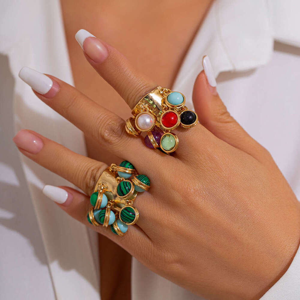 Jewelry Palace Inlaid Geometric Niche Malachite Round Alloy Open Ring