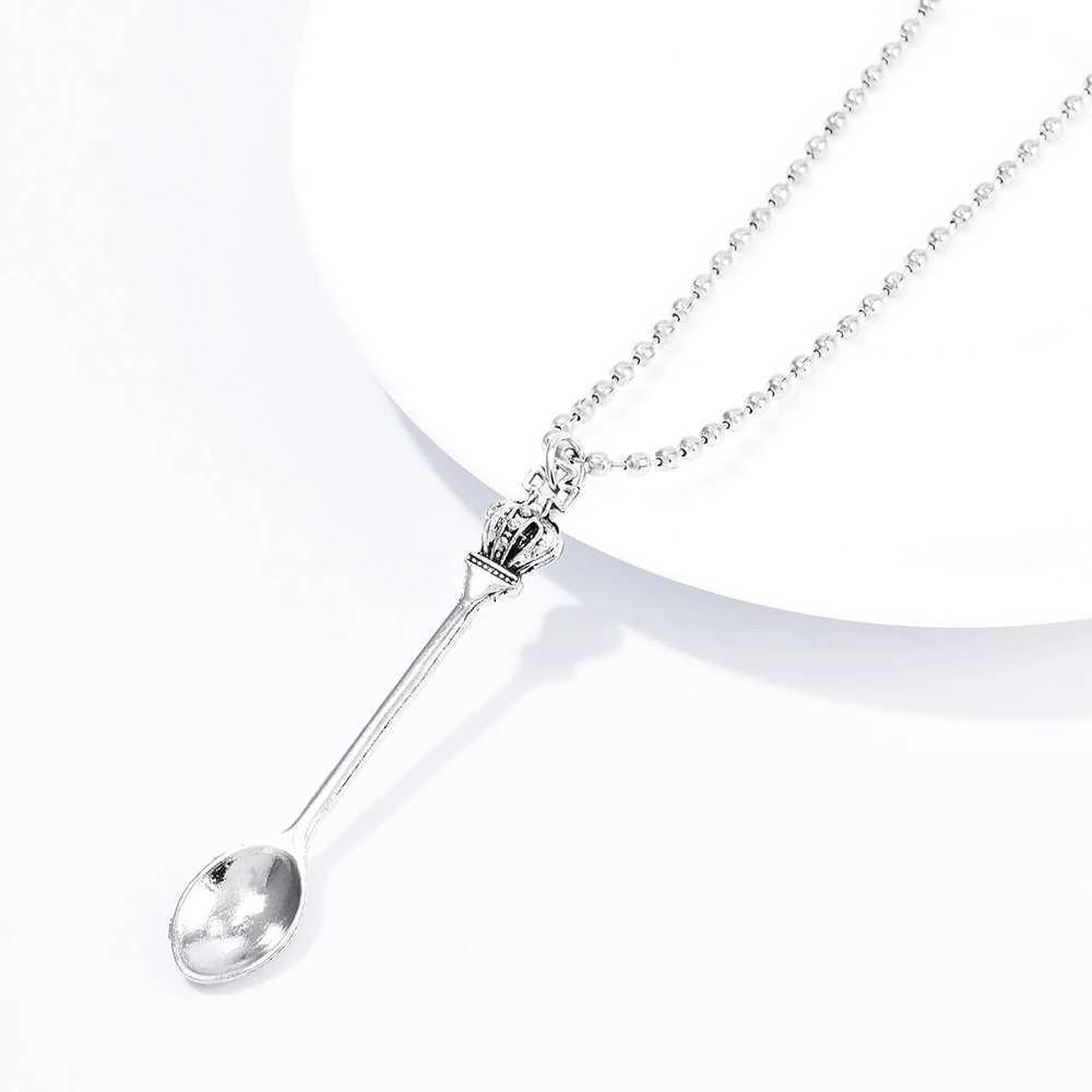 Fashion Women Men Crown Mini Tea Spoon Shape Pendant Long Chain Necklace Sweater Metal Chain Necklace Jewelry XJ250528