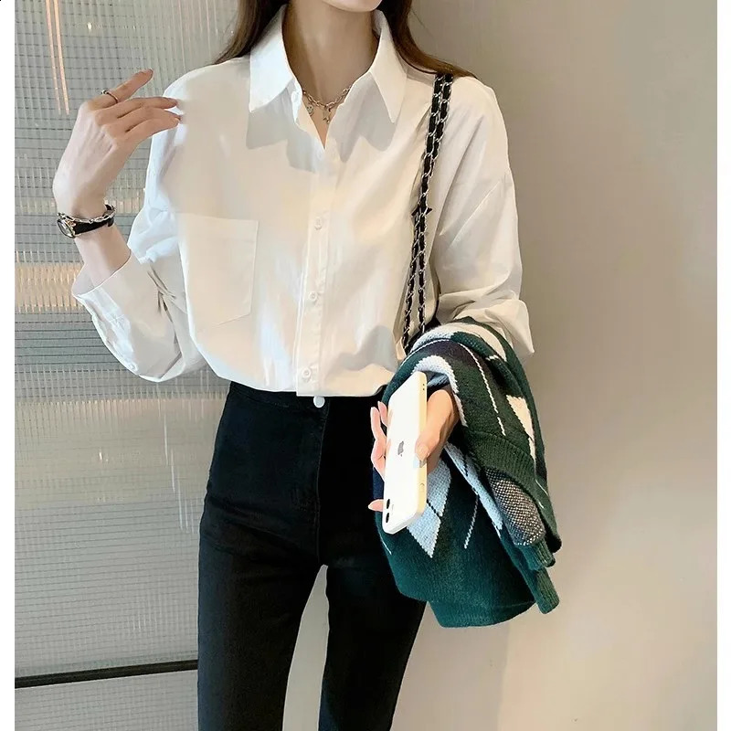 White Blouse Ladies 2023 Autumns Koreanstyle Longsleeved Casual Office Lady Shirt Loose Women Clothes Top Simple Shirts 250529Z