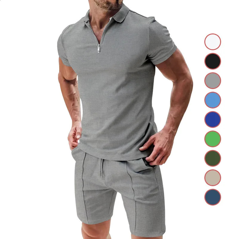 2024 Mens Suit Summer Casual Sportswear Waffle Solid Color Loose Lapels Tshirt and Shorts TwoPiece Set 250520Z