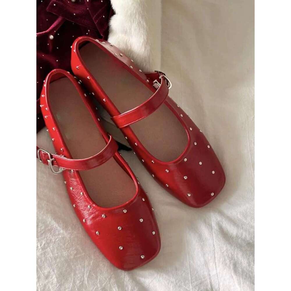 Genuine Leather Korean Style Studded Square Toe Mary Jane for Women 2025 Spring Versatile Flat Shallow Mouth Red Single Shoes