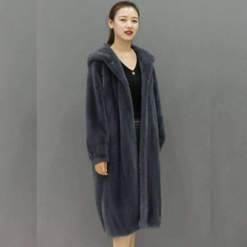 The new faux mink fur for autumn and winter is casual trench coat with a long, knee-length hoodie in veet jacket