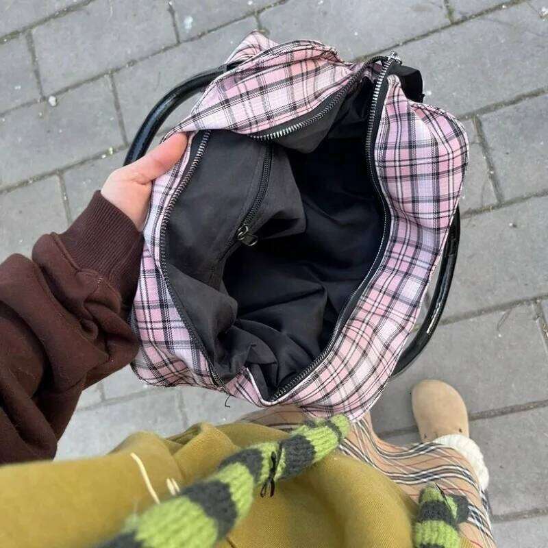 MBTI Pink Womens Shoulder Plaid Canvas Y2k Original Punk Fashion Tote Bag Aesthetic Literary Rivets Large Capacity Handbag