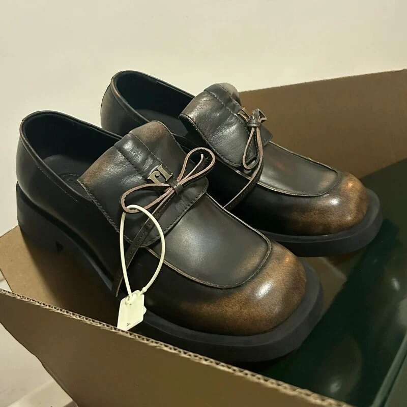 Genuine British Style Niche Square Toe Polished Color Bowknot Loafers for Women Spring Autumn Winter New Chunky Heel Small Leather Single Shoes
