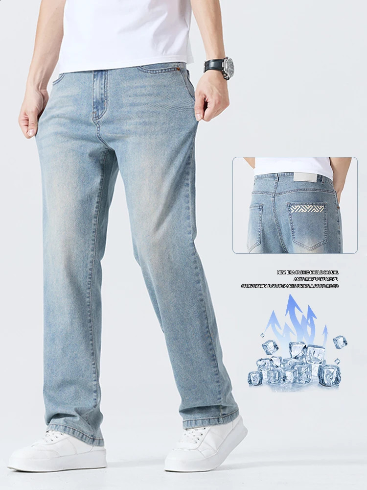 Summer Thin Mens Printed Jeans Breathable Fashion Business Loose Pants Washing Vintage Casual Denim Trousers Male 250515