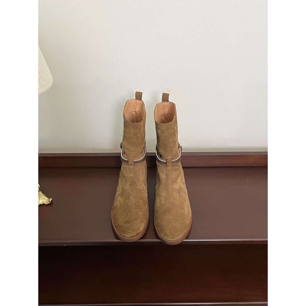 Korean Style Melard Belt Buckle Mid-Calf Short Women 2024 New Thick Heel Round Toe Western Cowboy Martin Boots