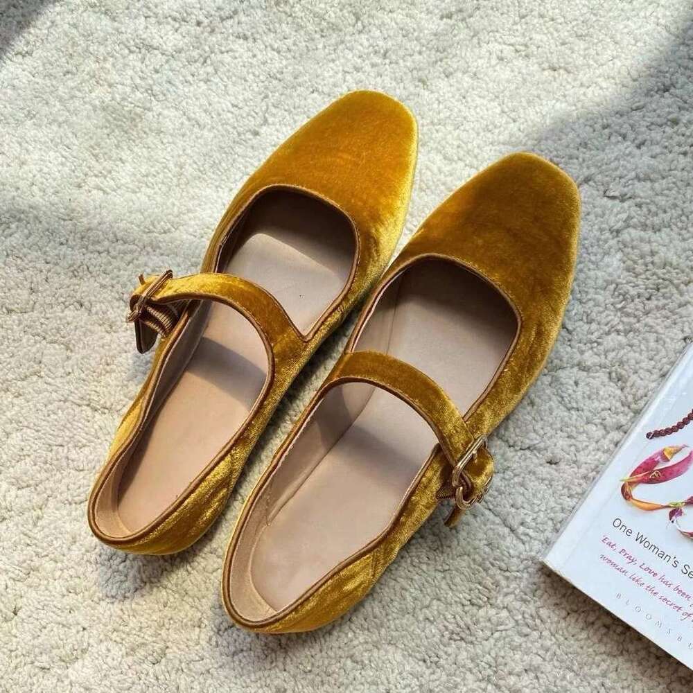 Genuine Leather Velvet Korean INS Flat for Women 2025 Spring Versatile Square Toe Shallow Mouth One-Strap Mary Jane Shoes