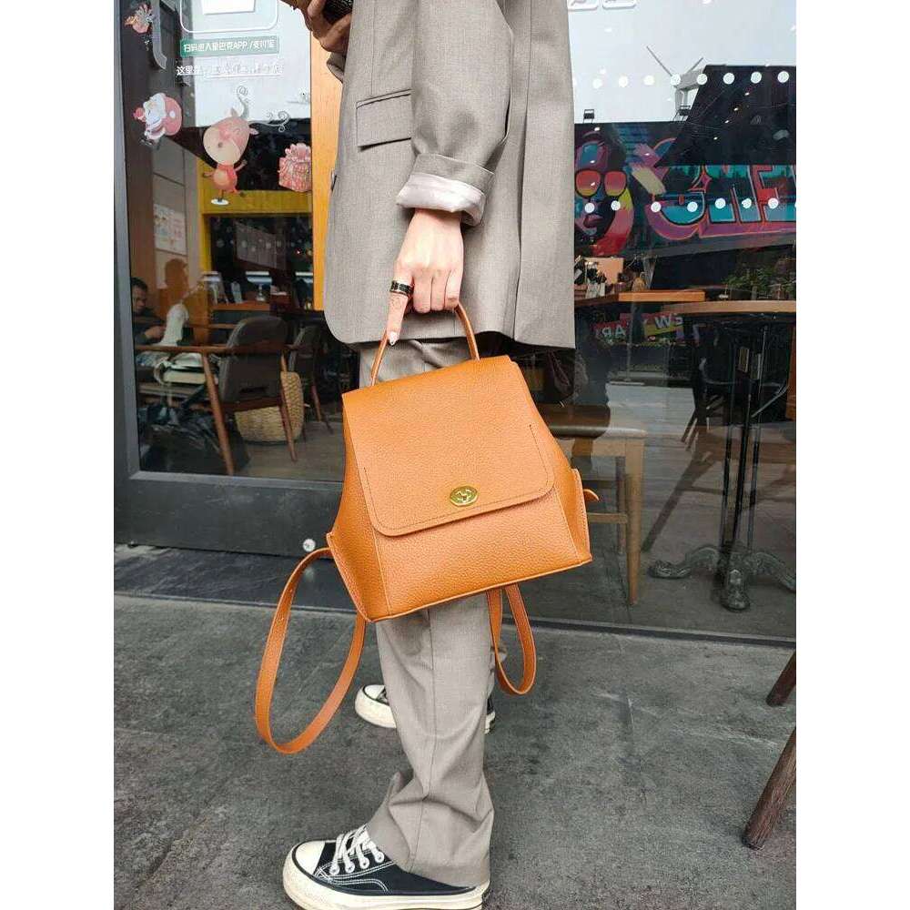 Genuine Leather Backpack Women Casual Fashion Buckle Flap Bag High Street Solid Color Vintage Versatile Backpacks Female