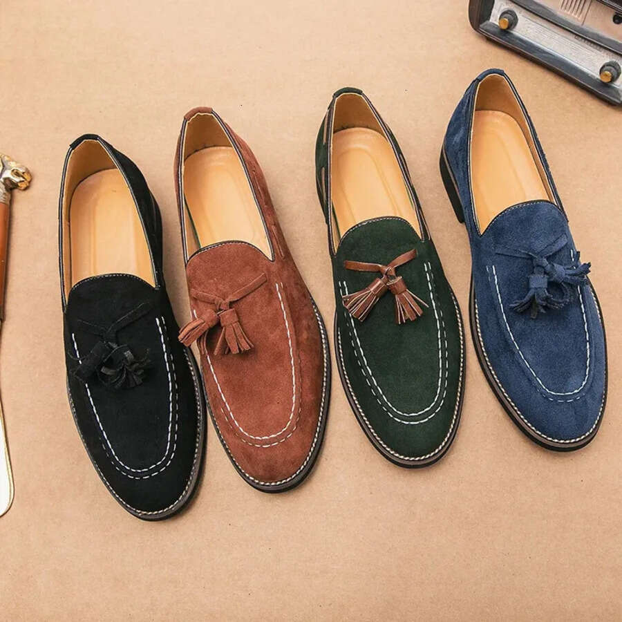 Dress Shoes Men British Suede es Round Toe Tassel Slip on Classic Fashion Business Loafers Wedding atos Hombre Designer Shoes