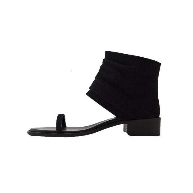 Genuine Leather Korean Style Niche Design Patchwork Pleated Strap Sandals for Women Summer New Thick Heel Round Toe Cool Boots