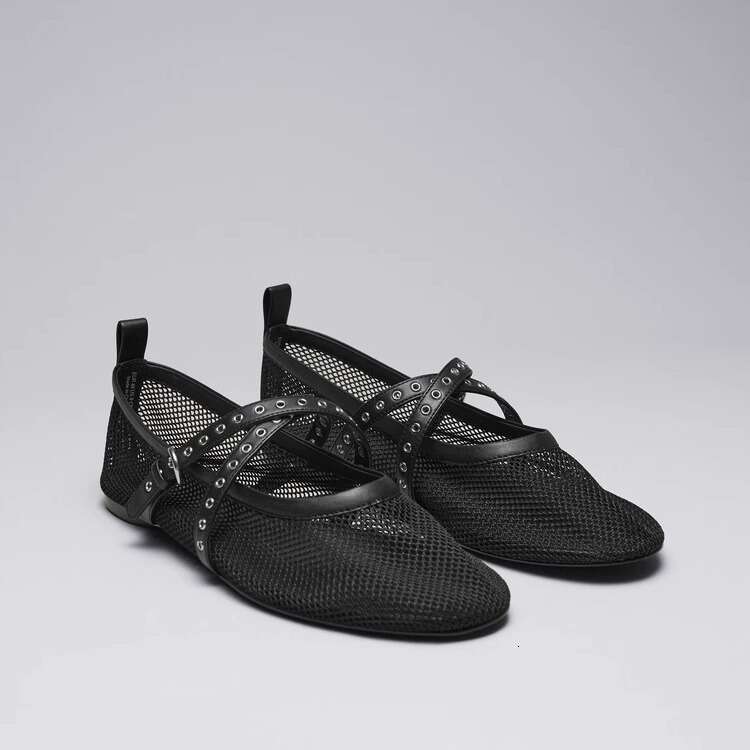 Genuine Leather Flat Ballet for Women Spring Summer New Breathable Mesh Round Toe Mary Jane Shoes