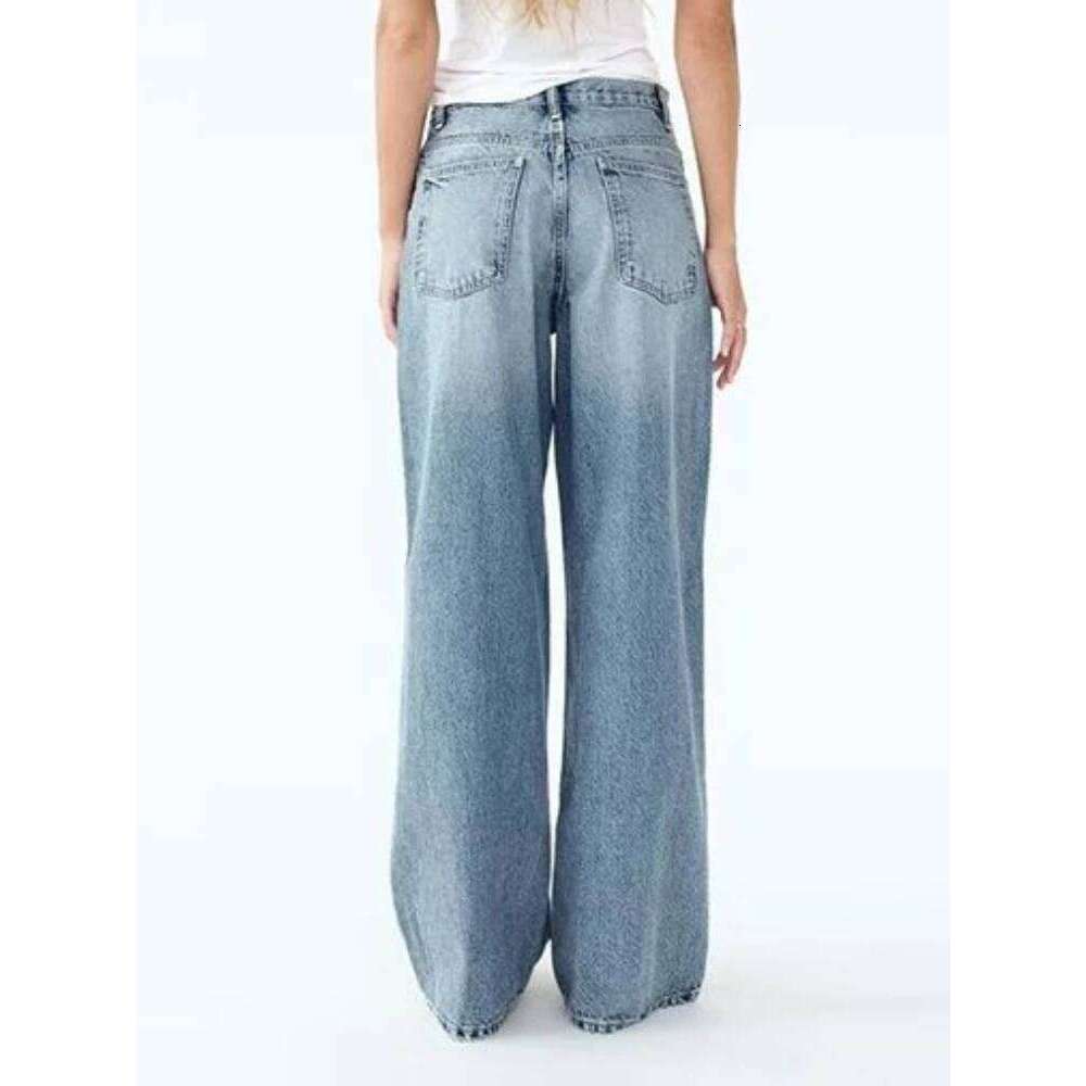 Women Wide Leg Vintage Irregular Washed Denim Trousers Aesthetic Baggy Straight Asymmetrical Jeans High Waist