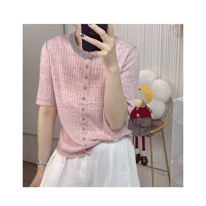 Summer thin women's T-shirt color collision round neck single-breasted fine pit leisure short-sleeved knit shirt