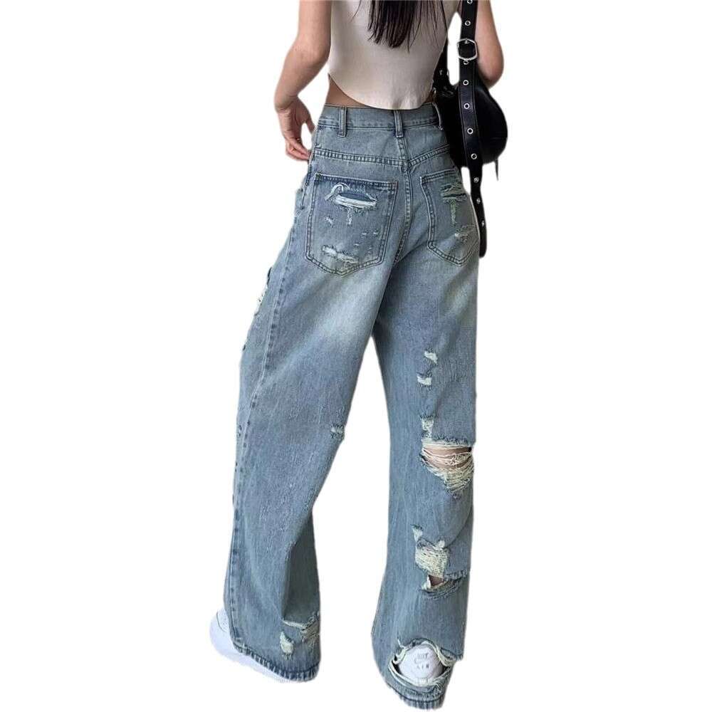 American High Street Washed Ripped Jeans for Men, Straight Loose Fit, Summer Plus Size Wide Leg Distressed Pants, Slimming Trendy
