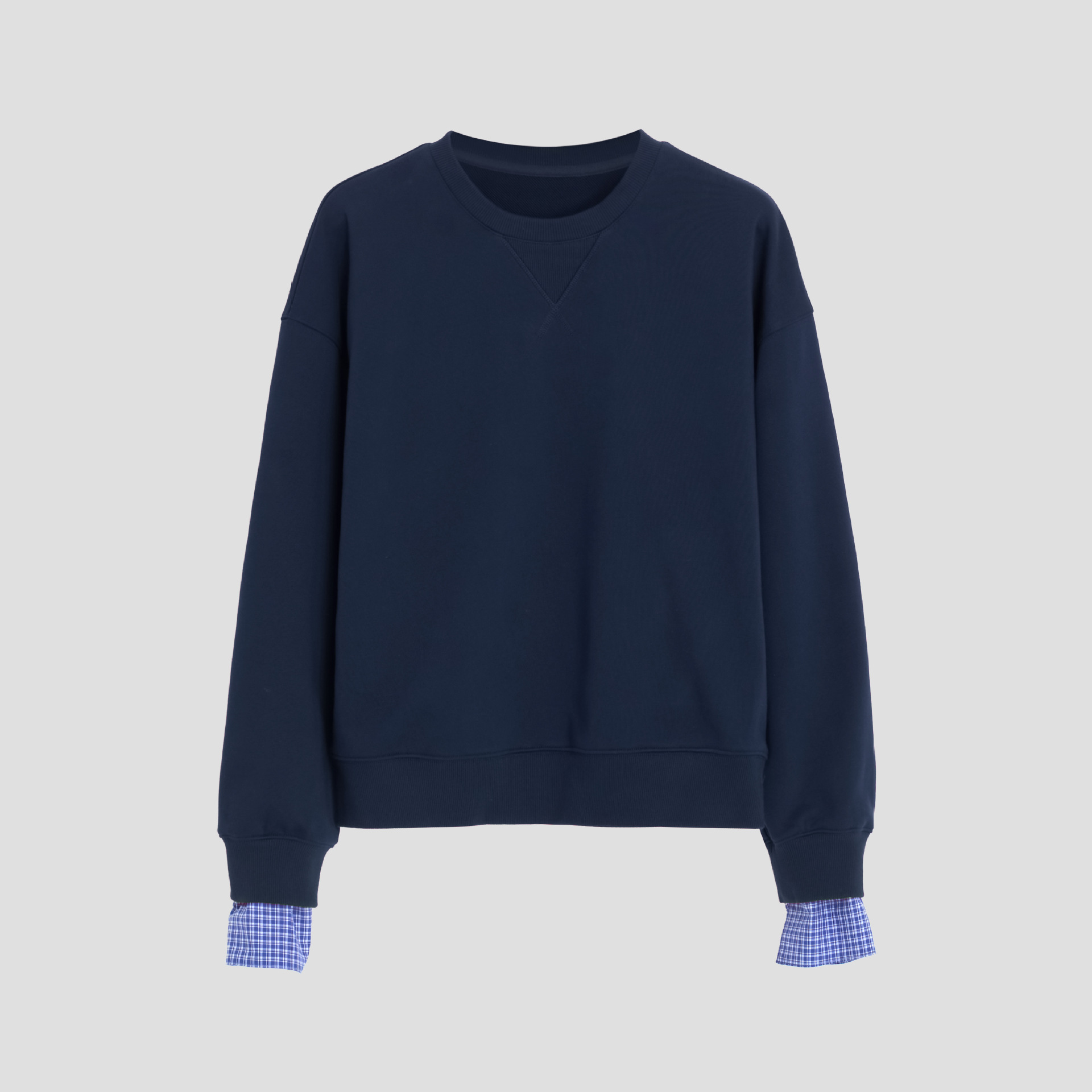 SLL1754 Korean simple commuting all-match round neck contrast color plaid terry sweater women 2024 autumn loose and slim