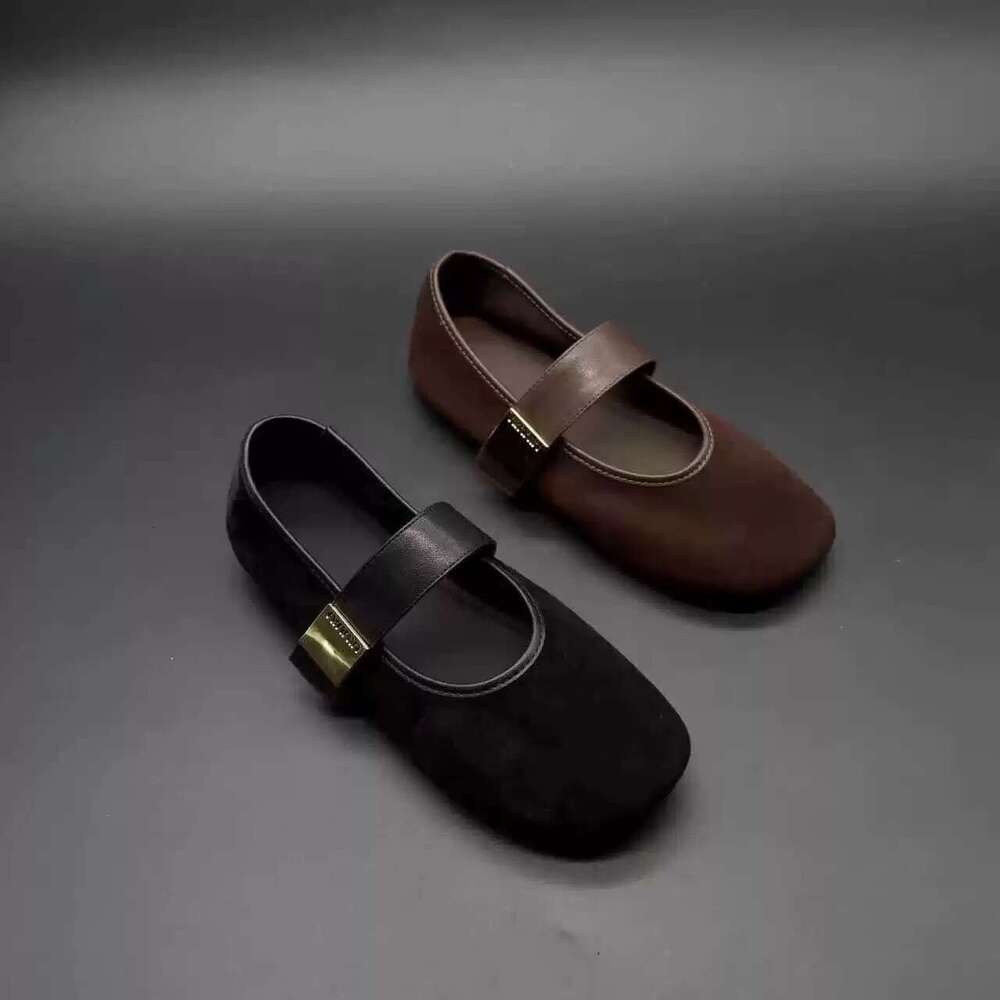 Genuine Leather Suede Round Toe Mary Jane for Women Spring and Autumn Versatile Cute Flat Ballet Shoes