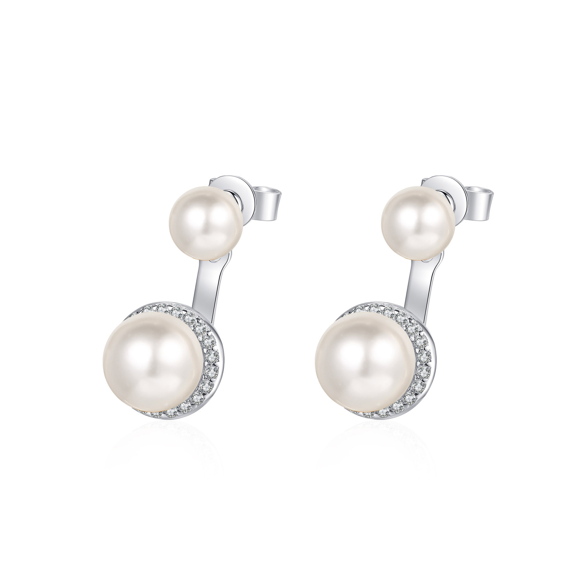 Sophisticated PT950 Gold Gilt 925 Silver Earings For Her Adorned by Dazzling Moissantes & Natural White Pearls