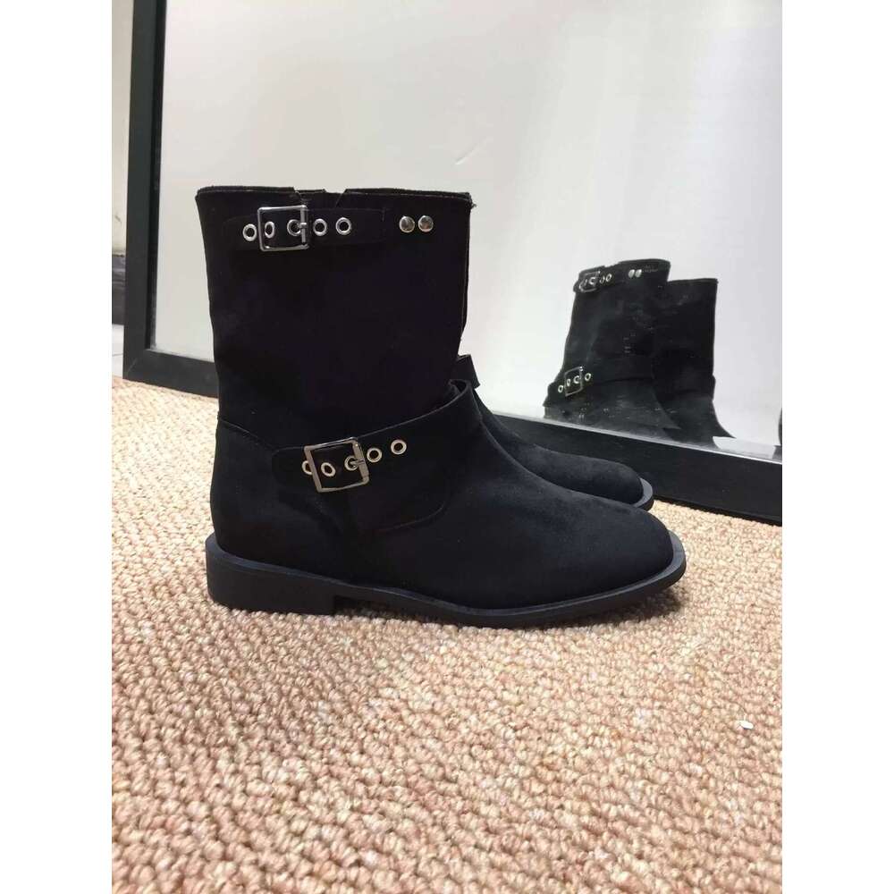 Korean Style Niche Square Toe Suede Western Cowboy for Women 2024 Autumn Winter Belt Metal Buckle Martin Short Boots