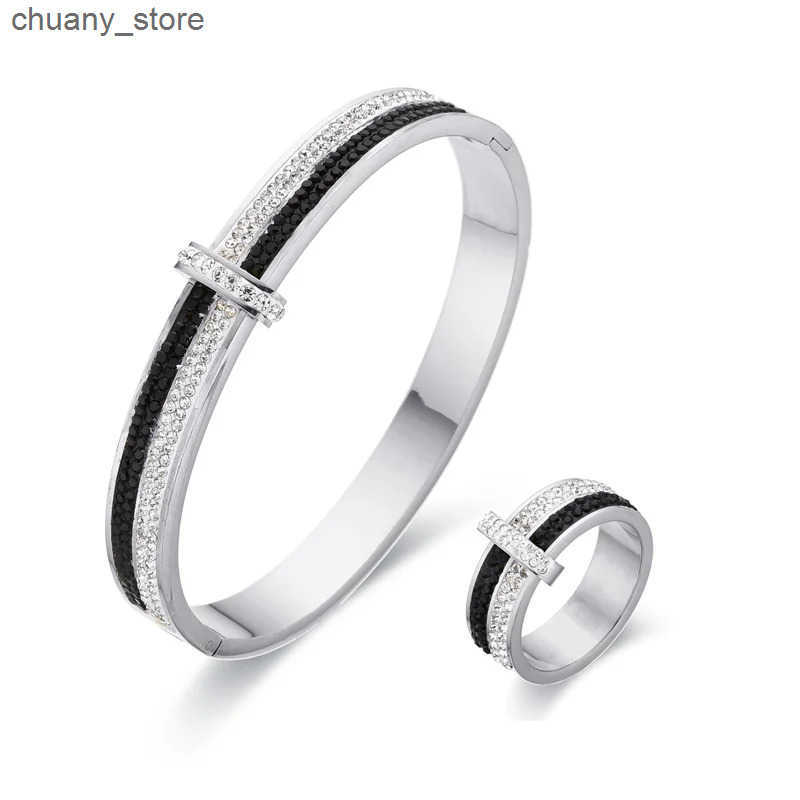FYSARA Classic Crystal Letter Geometric Stainless Steel Ring for Women Shiny Zircon Ring White Black Cross Jewelry Set z250529C7EH