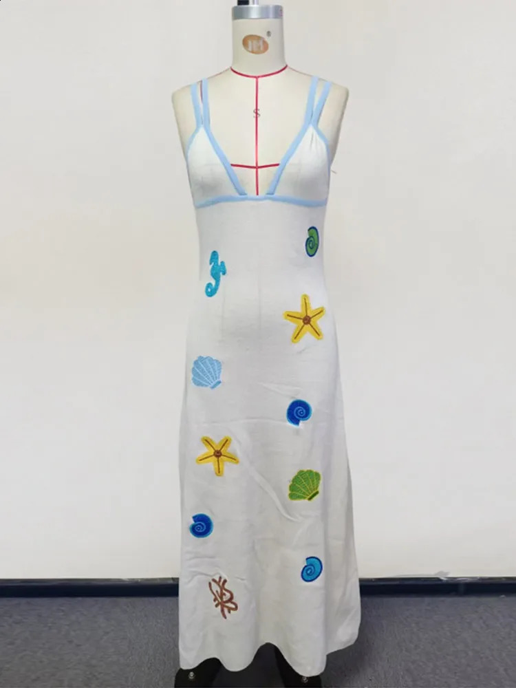 Knitted Starfish Shell Pattern Sleeveless V-Neck Long Dress for Women - Backless Slim Fit Summer Vacation Street Wear C260312