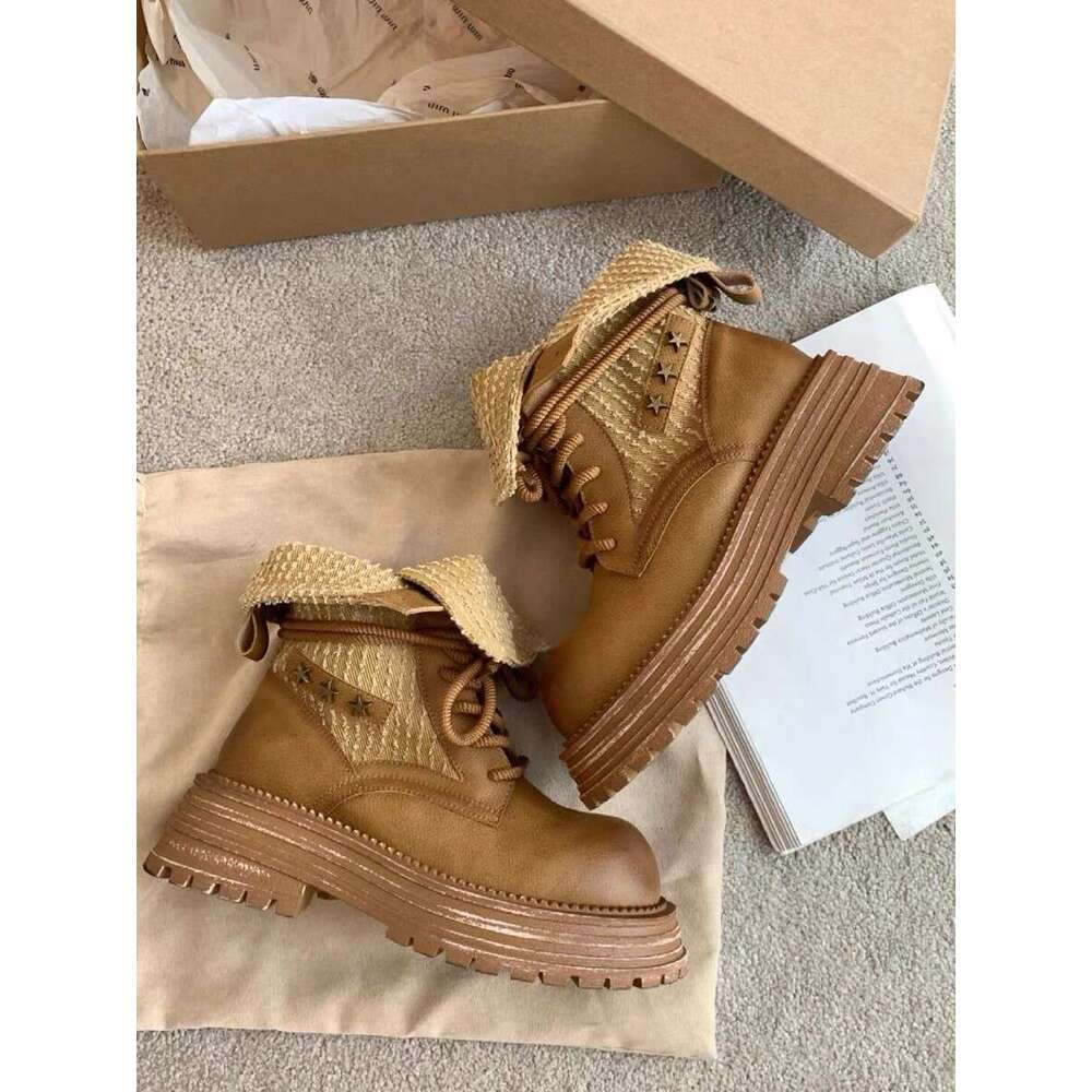 British Style Martin for Women 2024 Autumn Winter New Thick Sole Chunky Heel Height Increasing Turn-Up Two-Way Round Toe Short Boots