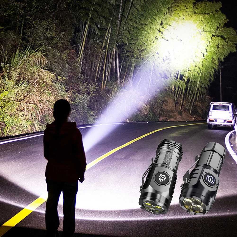 High Power LED Flashlight 3-Eyed Mini Flashlight USB Rechargeable Clip-on Torch Light Outdoor Emergency Work Lights for Hiking XJ250529