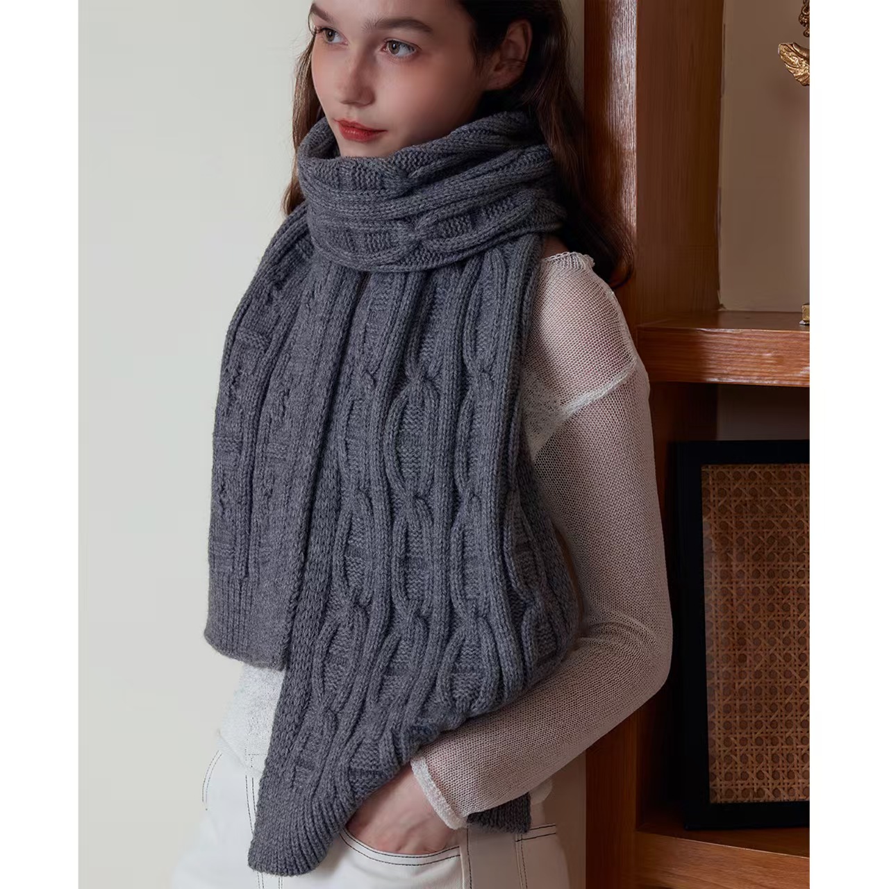 T837 retro thick needle twist wool solid color knitted scarf female winter soft waxy high-grade warm couple neck shawl