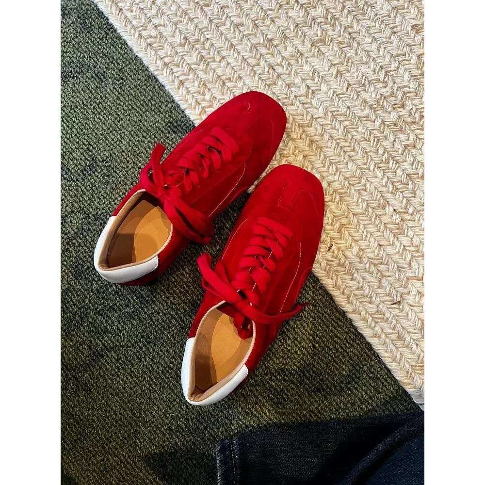 Genuine Leather Red Square Toe Flat Agan Casual Lightweight Sneakers Versatile Lace-up German Training Women's Shoes