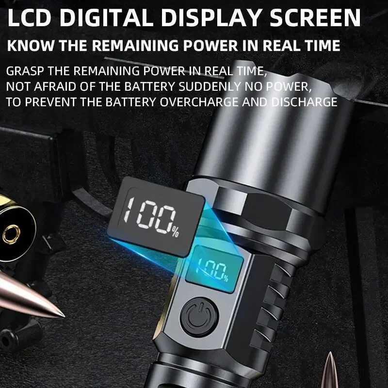 10000LM High Power LED Flashlight Long-range USB C Rechargeable Flashlight Power Display Zoom Lantern For Outdoor Camping Torch XJ250529