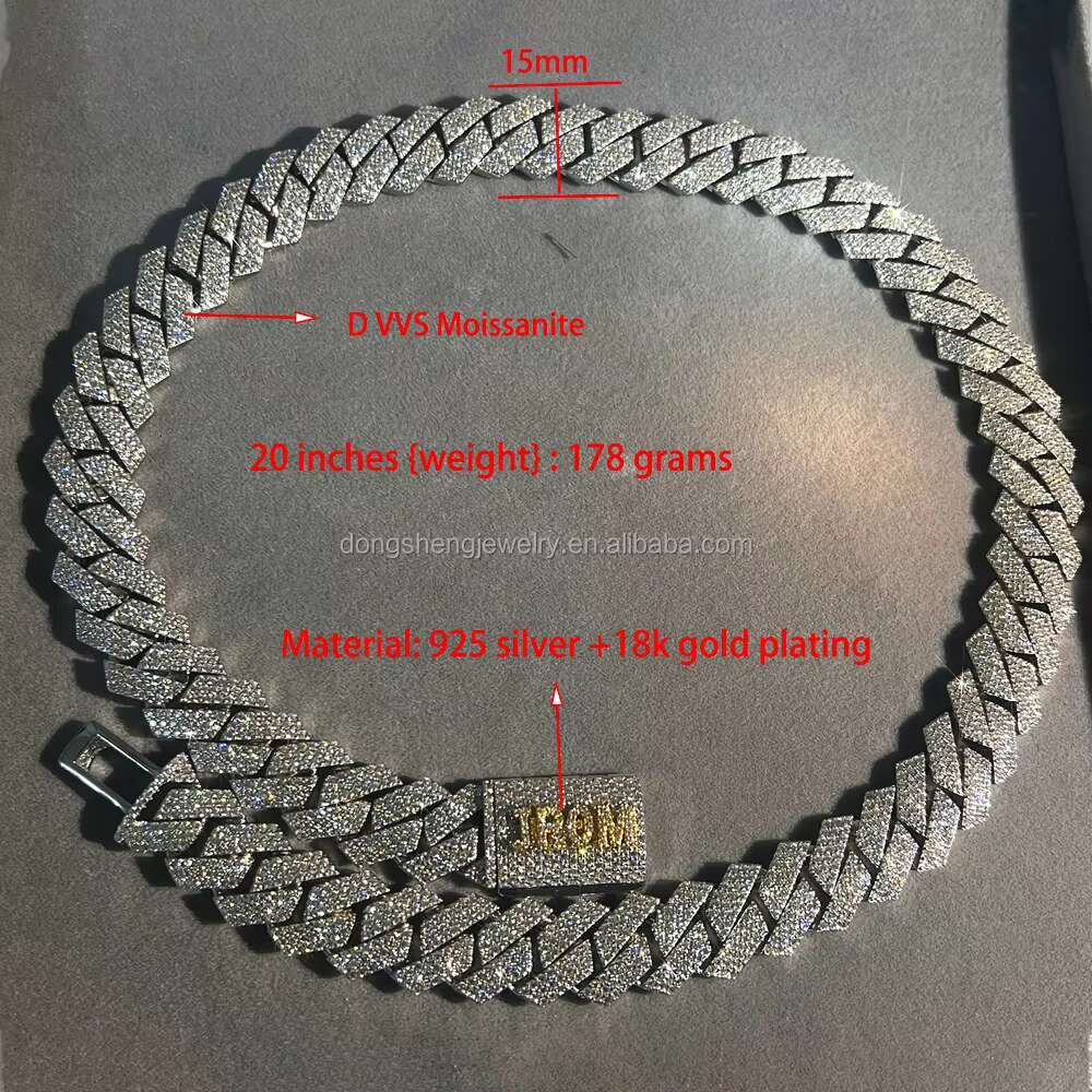 Custom Fashion Miami 15mm VVS Moissanite Cuban Link Chain Rap Soldier Chain or Hip Hop Necklace Rock