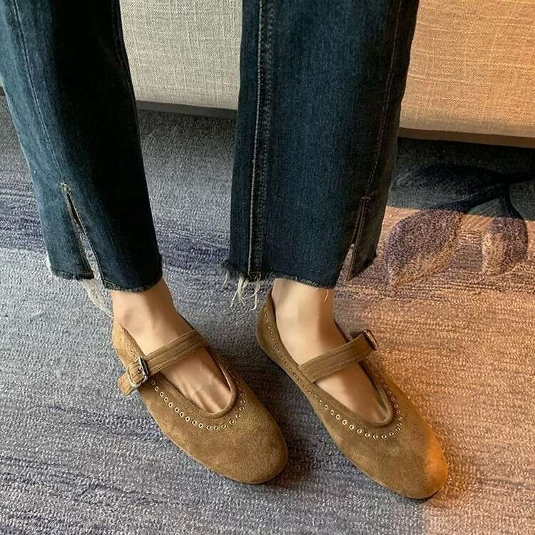 French Style Genuine Leather Suede Mary Jane with One-Strap Buckle, 2024 New Versatile Flat Round Toe Studded Single Shoes for Women