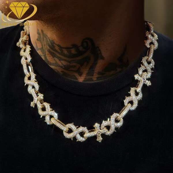 Christian Hip Hop S925 Silver Gra Number 8 With Spikes Iced Out Round Vvs Moissanite Cuban Link Chain With Cross for Men Women