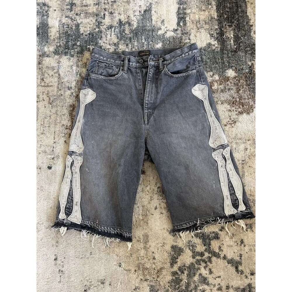 Summer retro skeleton denim sports casual shorts new couple wearing street pants Europe and America