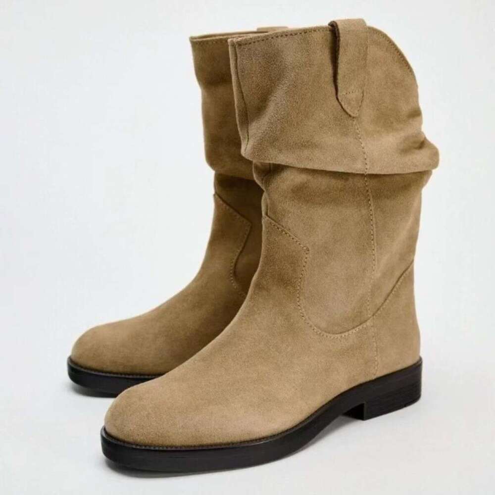 Melard Round Toe Western Cowboy Chunky Heel Thick Sole Mid-Calf Autumn Winter Fleece Lined Slouch Women Boots